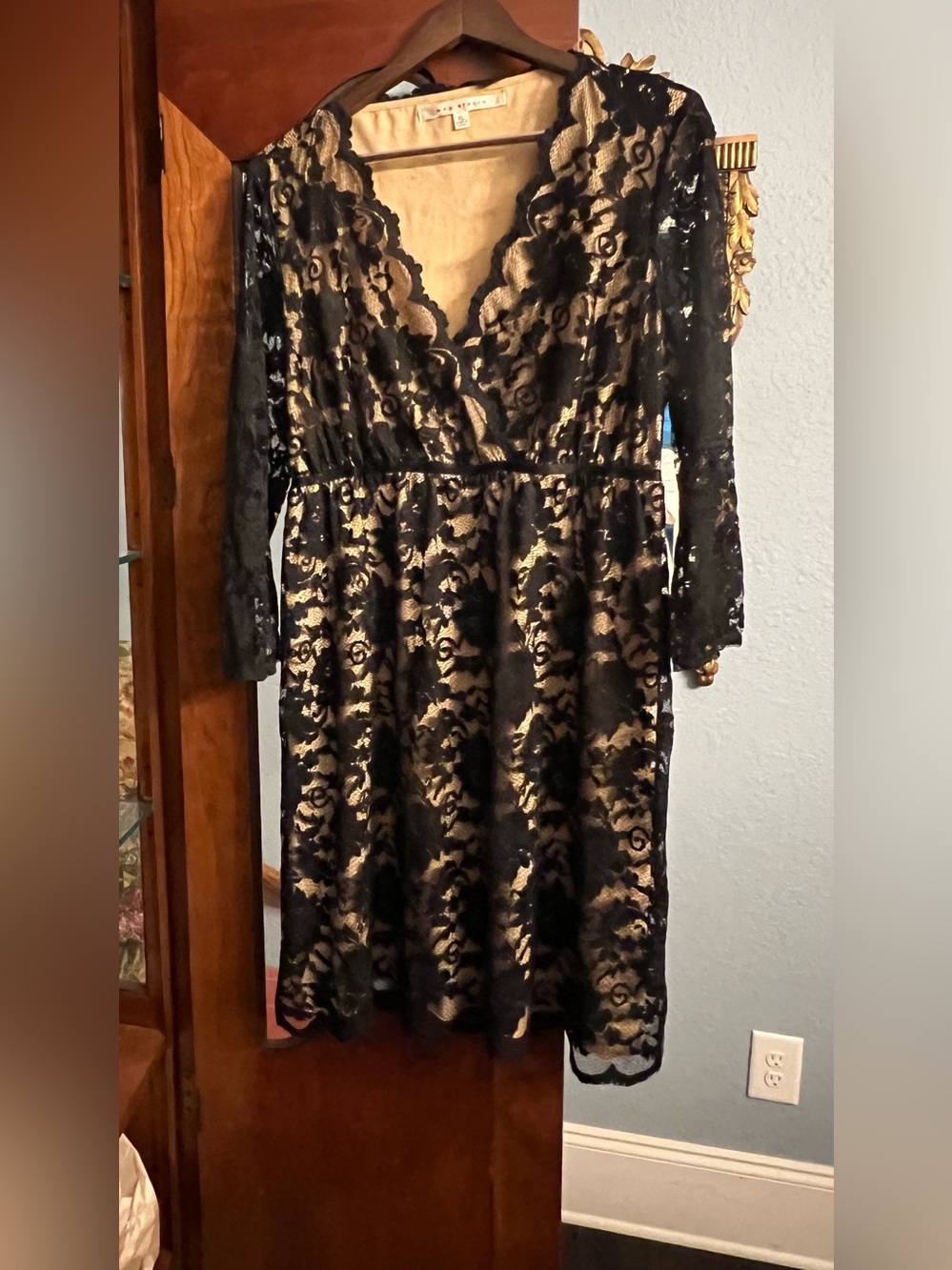 Max Studio Black Lace Overlay Dress with Nude Underlay